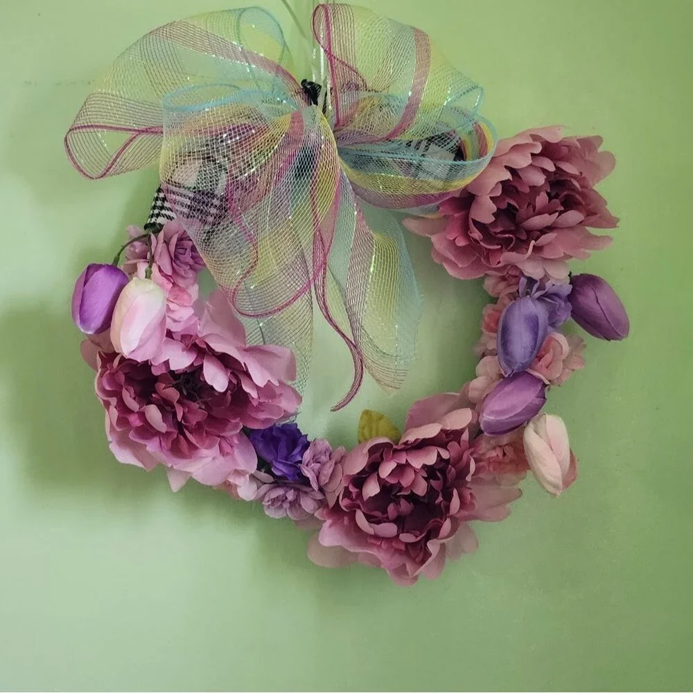 Hand Crafted Pink Peony Tulip Floral Wreath Spring Door Wall Decoration